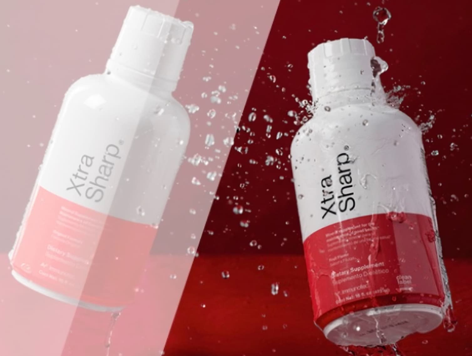 Image illustrant les deux bouteilles contenant les puissants suppléments naturels et sans sucre XtraSharp à saveur originale ou aux fruits