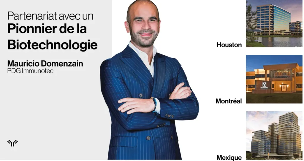 Le grand manitou d'Immunotec, Mauricio Domenzain, pose fièrement devant les images des trois sièges sociaux situés à Houston, Montréal et Mexique